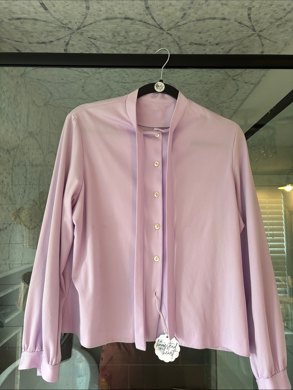 Women’s Vintage Lavender Long-Sleeve Tie-Neck Button Shirt